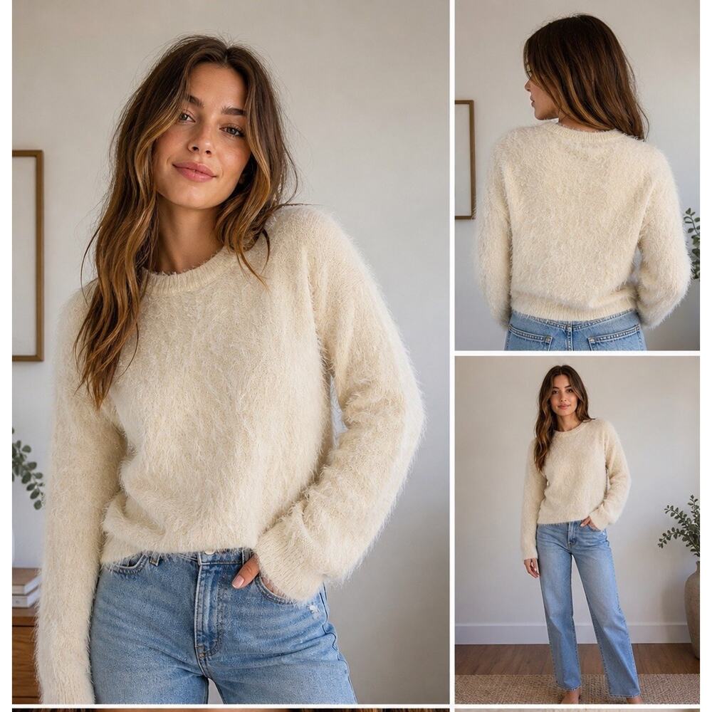 Velvet Graham Spencer Cream Fuzzy Sweater XS Cozy Eyelash Knit